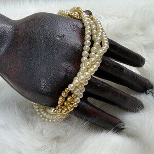 Four Strand Ivory Faux Pearl & Gold Tone Beaded Bracelet 9.25"